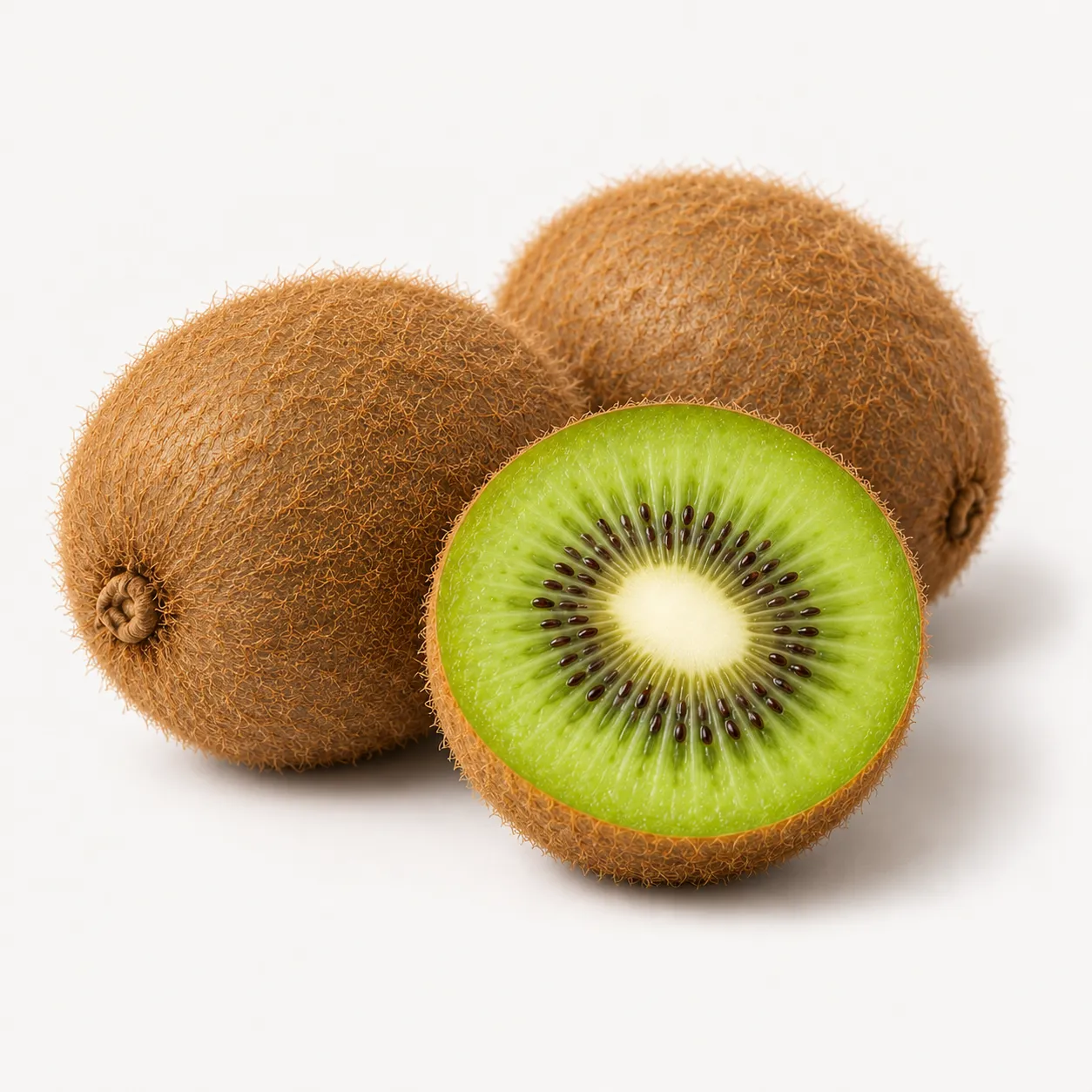 Kiwi importado al por mayor, dos piezas enteras y una partida por la mitad, de pulpa verde